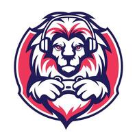 lion gamer mascot mascot with headphones holding controller vector