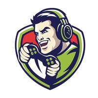 mascot icon retro retro game gamer man with headphones holding controller set inside shield crest on vector