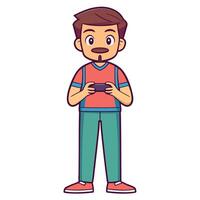 a man with a mustache and glasses is holding a cell phone vector