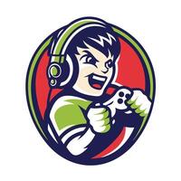 mascot icon game player with headphones holding controller vector