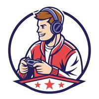 a man in a red jacket holding a controller vector