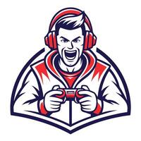 mascot icon game player with headphones and controller set inside shield on isolated background done in vector