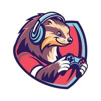 mascot illustration of a badger playing game on controller set inside shield crest on isolated vector