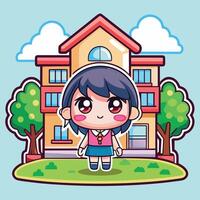 cartoon girl standing in front of a house vector