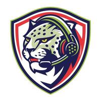 mascot icon jaguar head with headphones on head set inside shield on isolated background done vector