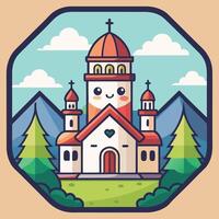 a church in the mountains with trees and mountains vector