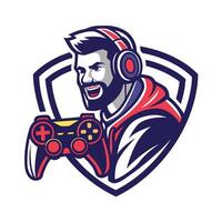 a man with a beard and headphones holding a controller vector