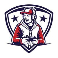 mascot icon of a gamer playing game set inside shield crest on isolated background done in vector