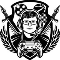 a black and white logo of a gamer with a controller vector