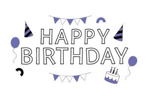happy birthday card with balloons, cake and confetti vector