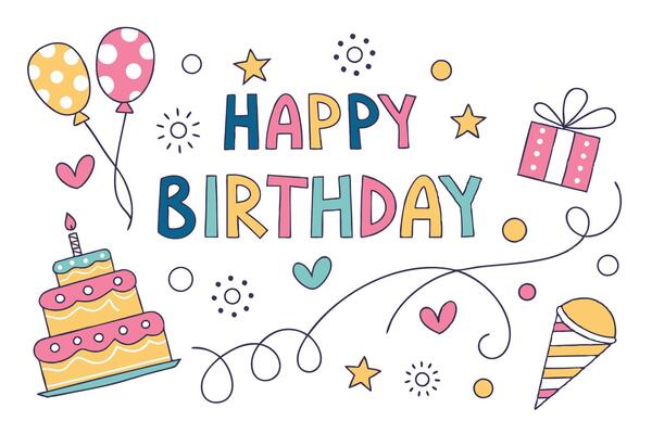 happy birthday card with colorful balloons and cake