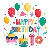 happy birthday card with balloons and cake vector