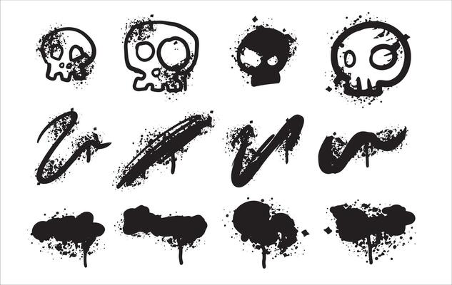 Graffiti spray print. Ink paint spot. Brush stain drop art. Abstract texture grungy element. Set of urban black splatter