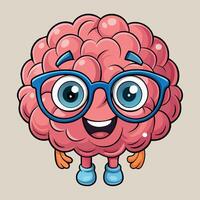 Brain in glasses. Cartoon geek genius mascot. Smart and knowledge comic graphic. Clever mind education character vector