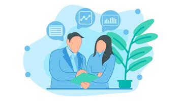 A boss who is explaining a project to his female employees. explains good work. illustration in flat design style vector