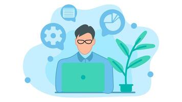 Career woman is working seriously in front of a laptop and there is a smartphone. Working on office task targets. illustration in flat design style vector