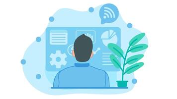 Male employee looking at company statistical data and building a business strategy. illustration in flat design style vector