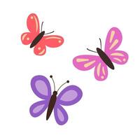 Three colorful butterflies in pink, red, and purple hues with a simple design, illustrated on a plain white background, symbolizing nature vector