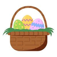 Wicker basket filled with colorful patterned Easter eggs and grass, illustrated in flat style, on a white background, symbolizing Easter vector