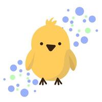 Adorable yellow bird with round features, surrounded by blue and green bubbles on a white background, concept of cuteness vector