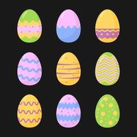 Nine colorful Easter eggs with various decorative patterns displayed on a black background, representing festive and cheerful holiday vibes vector