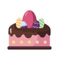 Chocolate-covered Easter cake topped with colorful striped eggs, flat cartoon style, isolated on a white background, festive concept vector