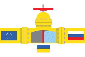 Gas yellow pipeline with red slider turn off and flags European union and Russia illustration. Concept shutting off the gas supply import from Russia vector