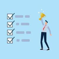 Checklist for completed tasks, businessman with a cup next to him who completed the checklist. vector