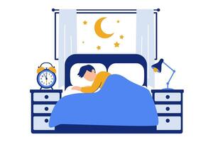 man sleeping in bed with alarm clock and night light vector