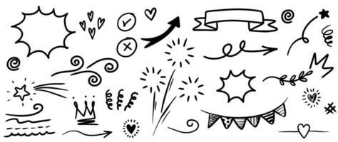 Hand drawn doodle style collection of heart, scribble, star, check mark, spirals, arrow, highlight, speech bubble, underline, sparkles, leaves, wind, lightning, and emphasis element. vector