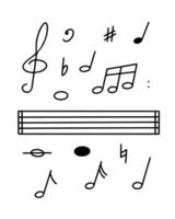 A set of various musical symbols and notes arranged above a blank staff, indicating a creative musical composition process vector