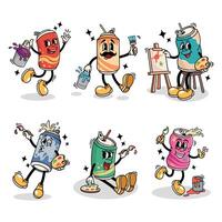 Set of Retro Can Soda Cartoon Illustration playing ink for painting with Varied Poses and Expressions vector