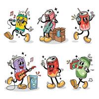 Set of Retro Can Soda Cartoon Illustration playing music with Varied Poses and Expressions vector