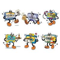Set of Retro Cassette Tape Cartoon Illustration with Varied Poses and Expressions vector