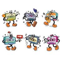 Set of Retro Cassette Tape Cartoon Illustration with Varied Poses and Expressions vector