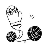 icon of a decorated knitting glove connected by strings to two balls of yarn vector