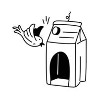 A whimsical illustration of a bird flying towards and entering a recycled milk carton vector
