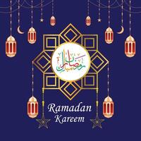 Ramadan kareem blue background with lanterns, poster design template vector