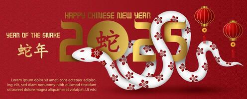 Chinese New Year 2025 greeting card and poster banner with white snake in 3d style on red background. Chinese letters is meaning Year of the snake and Happy Chinese New Year in English. vector