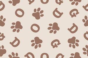 Seamless pattern of animal paw prints. Background of the word dog and a paw print. Seamless pattern in mocha mousse color. . vector