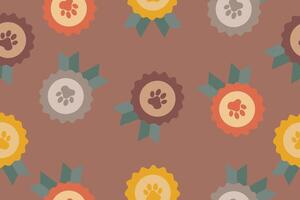 Dog or cat paw print badge with ribbons. Pet show winner concept. Seamless pattern on mocha mousse background. . vector