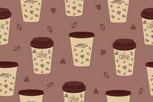 Seamless pattern with coffee cup, inscription and beans. Beautiful print on mocha mousse color background. Background for textiles, clothes, packaging, coffee shops, cafes and decor. vector