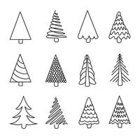 Set of hand drawn abstract linear Christmas trees. Fir trees in doodle style. Simple illustration. Perfect for holiday greeting cards. vector