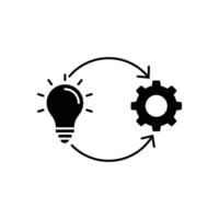 Implementation Line Icon, solution execute develop, configuration cogwheel with light bulb, innovation analysis process, success industry preferences, illustration vector