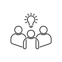 thin line insight icon with group of people and black bulb. outline flat trend modern logo graphic stroke art design isolated on white. concept of scholars or scientists and students or genius vector