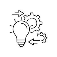 Implementation Line Icon, solution execute develop, configuration cogwheel with light bulb, innovation analysis process, success industry preferences, illustration vector