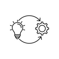 Implementation Line Icon, solution execute develop, configuration cogwheel with light bulb, innovation analysis process, success industry preferences, illustration vector