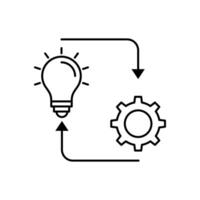 Implementation Line Icon, solution execute develop, configuration cogwheel with light bulb, innovation analysis process, success industry preferences, illustration vector