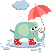 Funny elephant with umbrella under rain vector