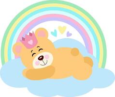 Princess teddy bear sleeping on cloud with rainbow vector
